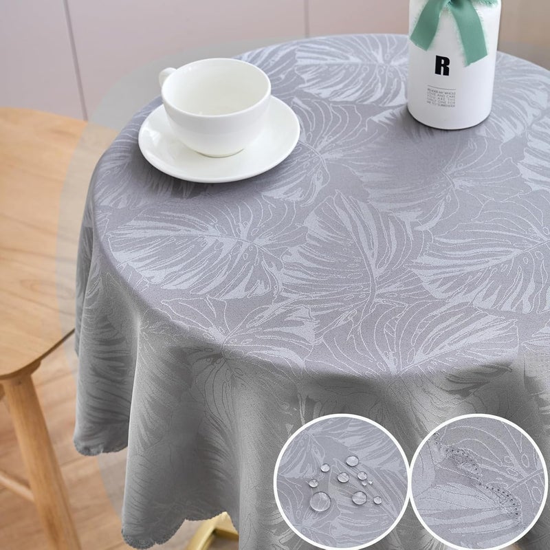 EFFICINATURE Round Tablecloth Grey Small Table Cloths 40 Inch Up to 26 Dia Tables Leaves Pattern Scalloped Edge Waterproof Washable Jacquard Table CoverKitchen Dinner Decor Talking Table Coffee Bar - Image 1