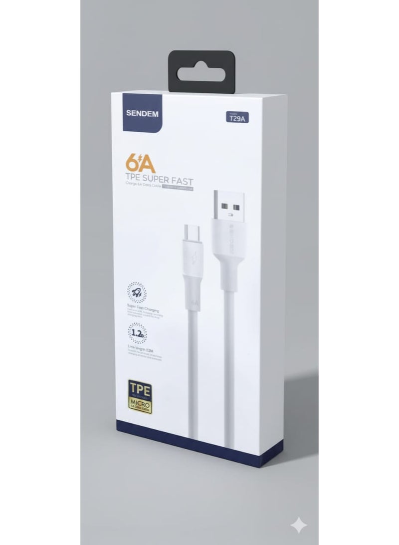 سيندم كابل بيانات SENDEM T29A مايكرو USB – شحن فائق السرعة 6 أمبير، خط TPE متين بطول 1.2 متر - Image 1