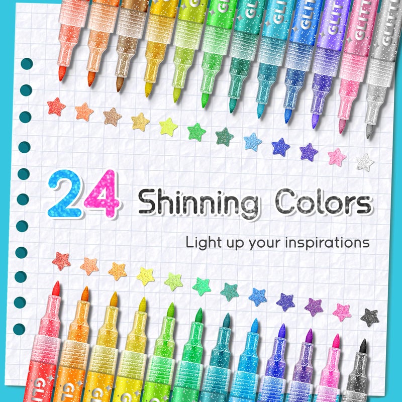 SRUOLOC Glitter Paint Pens, 24 Colors Glitter Markers Pens Set Acrylic Sparkle Markers Teen Art Supplies for Scrapbooking, Cards, DIY Crafts, Adults Coloring, Extra-Fine Tip 0.7mm - Image 2