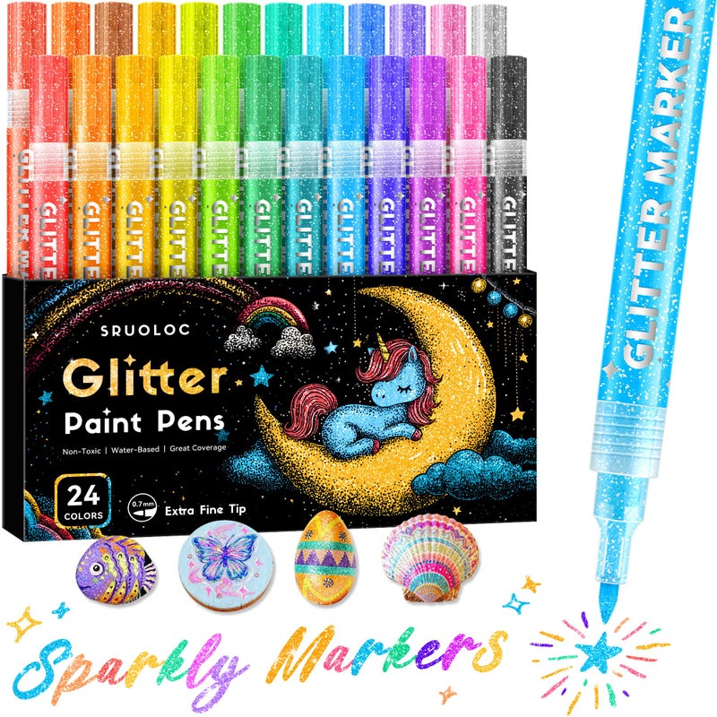 SRUOLOC Glitter Paint Pens, 24 Colors Glitter Markers Pens Set Acrylic Sparkle Markers Teen Art Supplies for Scrapbooking, Cards, DIY Crafts, Adults Coloring, Extra-Fine Tip 0.7mm - Image 1