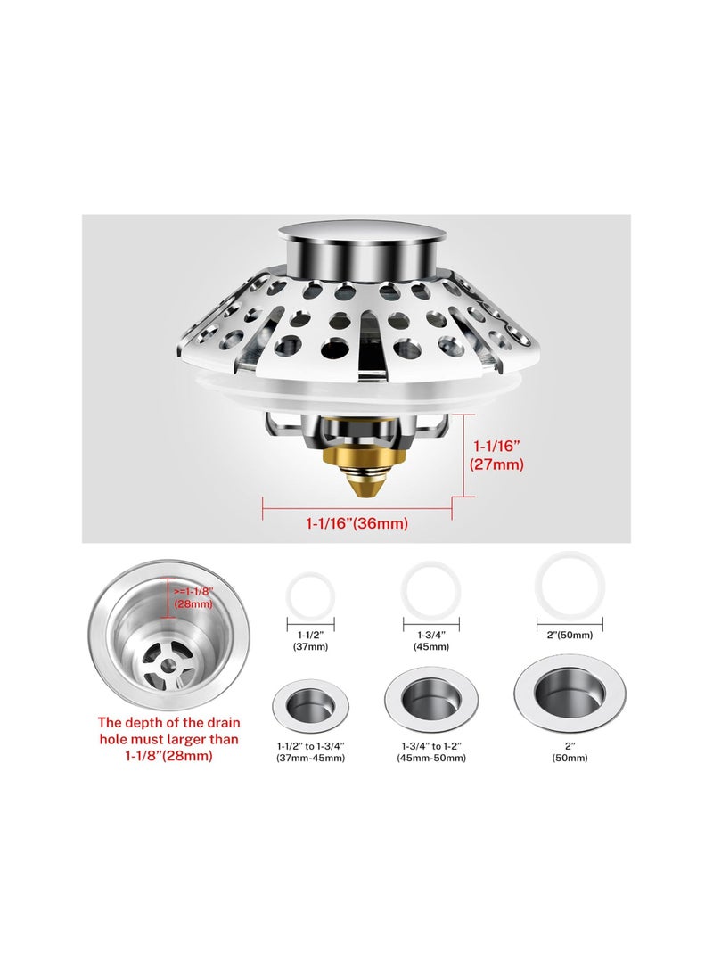 SYOSI Pop Up Bathroom Sink Drain Strainer, Silver Universal 3-in-1 Sink Stopper for Bath Tub Drain Hole (1-3/8" to 2"), Sink Plug Bathtub Drain Strainer, with Shower Bathtub Hair Catcher, Plug Stopper Cover  - Image 5