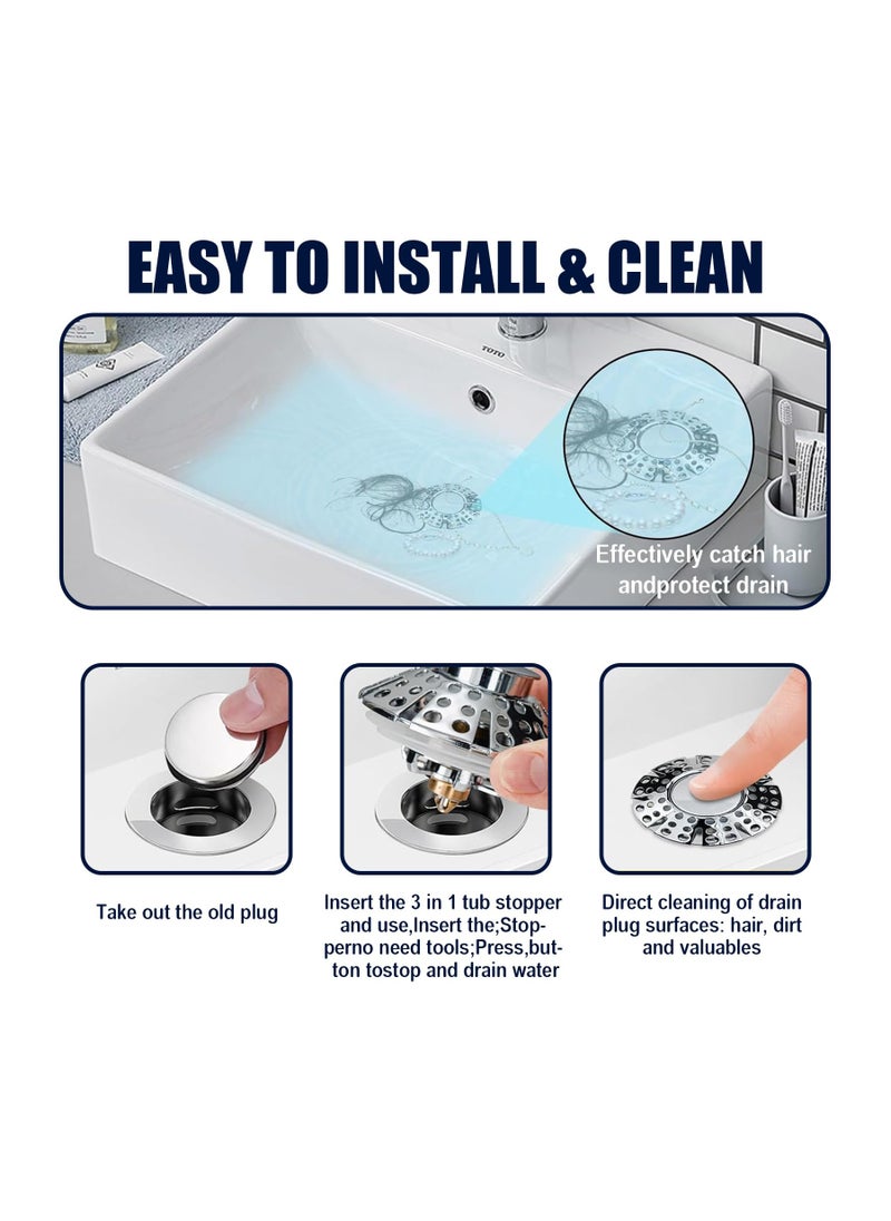 SYOSI Pop Up Bathroom Sink Drain Strainer, Silver Universal 3-in-1 Sink Stopper for Bath Tub Drain Hole (1-3/8" to 2"), Sink Plug Bathtub Drain Strainer, with Shower Bathtub Hair Catcher, Plug Stopper Cover  - Image 3