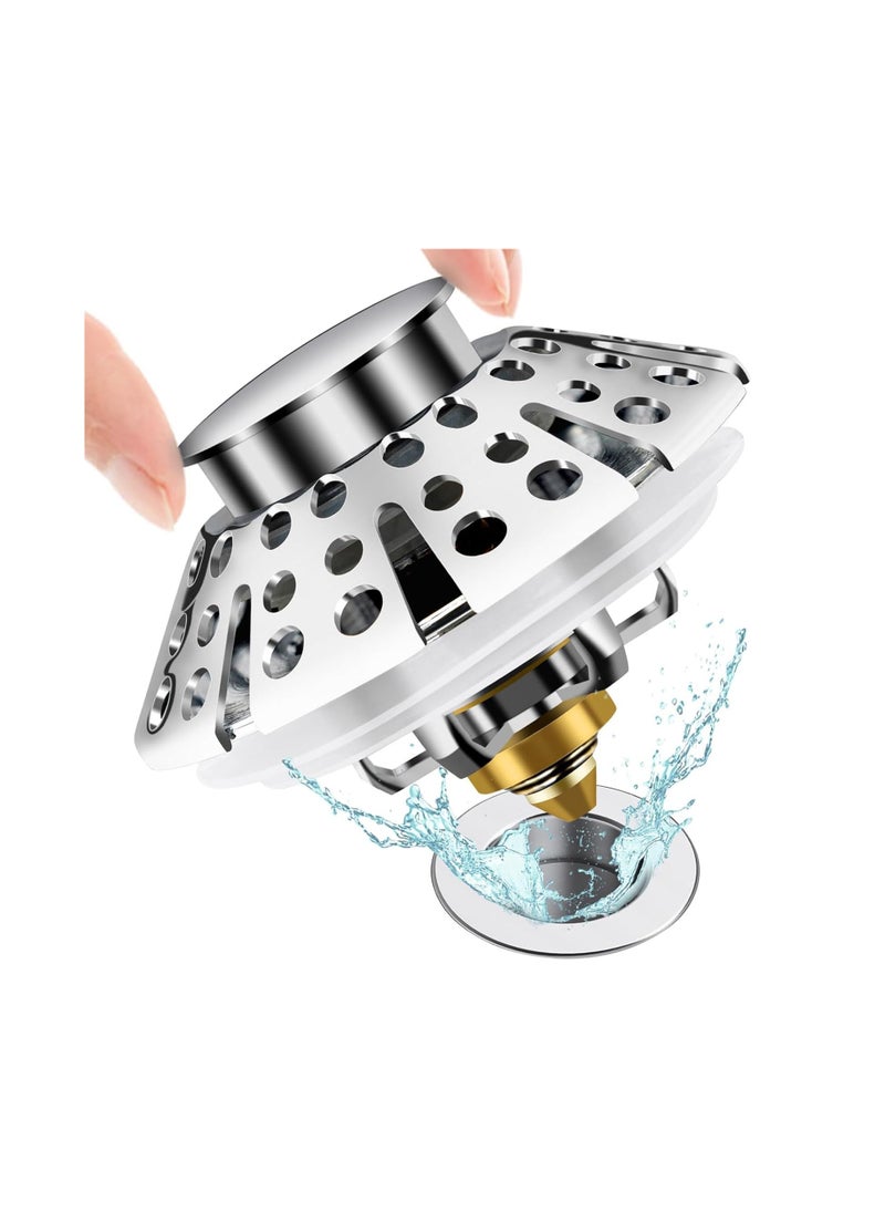 SYOSI Pop Up Bathroom Sink Drain Strainer, Silver Universal 3-in-1 Sink Stopper for Bath Tub Drain Hole (1-3/8" to 2"), Sink Plug Bathtub Drain Strainer, with Shower Bathtub Hair Catcher, Plug Stopper Cover  - Image 2