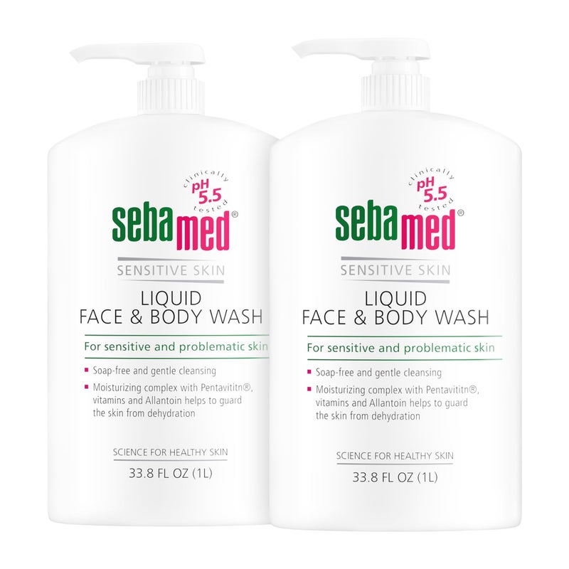 SEBAMED ParabenFree Face and Body Wash With Pump for Sensitive and Delicate Skin pH 55 Ultra Mild Dermatologist Recommended Cleanser 338 Fluid Ounces 1 Liter Set of 2 Value Pack green