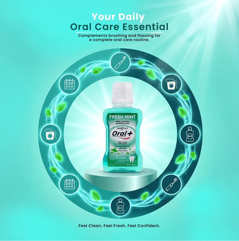 ايد بلس غسول الفم Aidplus Oral+ بنكهة النعناع المنعش - تركيبة خالية من الكحول ومعززة بالزنك لنفس منعش، وعناية باللثة، وحماية للمينا، ومكافحة للبلاك والجير - غسول يومي لنظافة الفم مخصص للبالغين. - Image 5