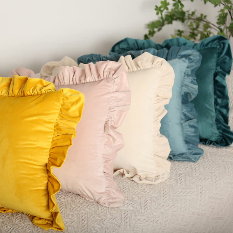 Jemiipee Velvet Ruffle Throw Pillow Covers Couch, Set of 2 Decorative Pillowcases with Ruffles 12x20 Inch Solid Color Shabby Chic Farmhouse Cushion Cover for Living Room Sofa Bed, Light Pink - Image 2