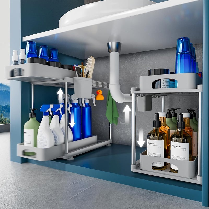 VERIFOST 2 Pack Adjustable Grey Under Sink Organizer 2 Tier Extendable Storage Kitchen Bathroom Office Laundry Room Living Room - Image 1