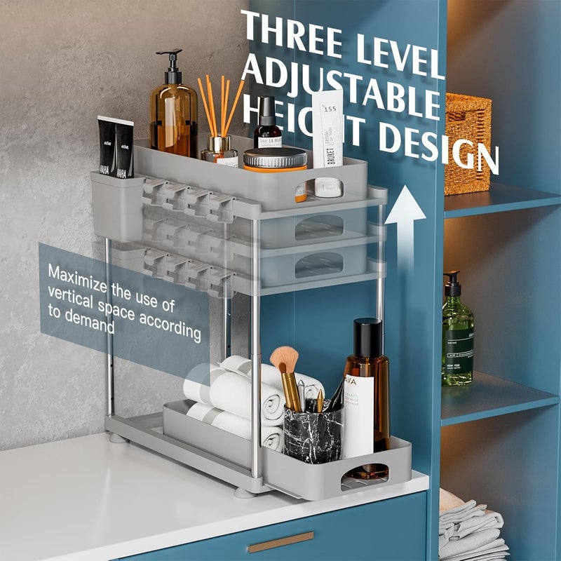 VERIFOST 2 Pack Adjustable Grey Under Sink Organizer 2 Tier Extendable Storage Kitchen Bathroom Office Laundry Room Living Room - Image 4