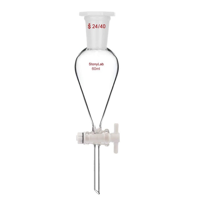 stonylab قمع فصل مخروطي زجاجي بوروسيليكات سعة 60 مل بجدران سميكة مع وصلات 24/40 وصمام PTFE - Image 1