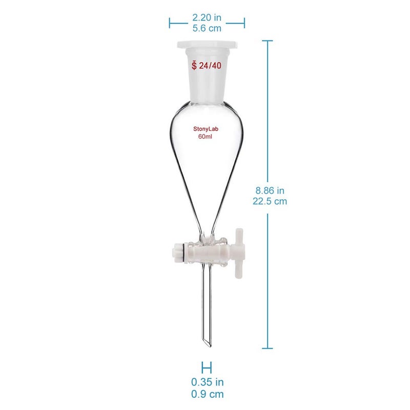 stonylab قمع فصل مخروطي زجاجي بوروسيليكات سعة 60 مل بجدران سميكة مع وصلات 24/40 وصمام PTFE - Image 3