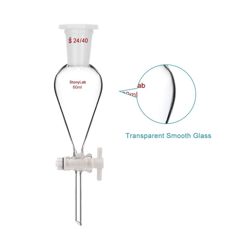 stonylab قمع فصل مخروطي زجاجي بوروسيليكات سعة 60 مل بجدران سميكة مع وصلات 24/40 وصمام PTFE - Image 5