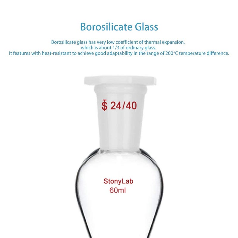 stonylab قمع فصل مخروطي زجاجي بوروسيليكات سعة 60 مل بجدران سميكة مع وصلات 24/40 وصمام PTFE - Image 4