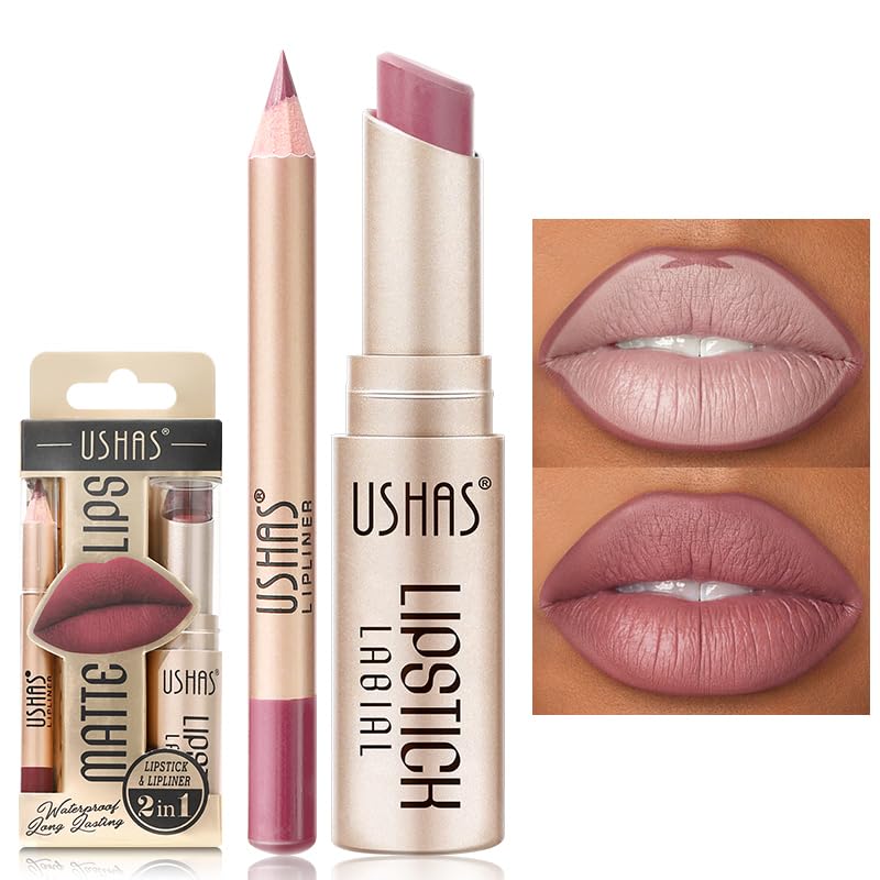 Ushas USHAS Lipstick and Lip Liner Combo Set 2 in 1 Waterproof Lipstick for Women Lip liner Set Long Lasting Lipstick Matte Lipstick Pen with Lip Liner Set Makeup Kits G5 Pack of 1