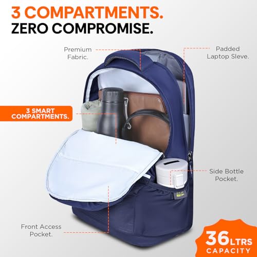 Skybags Propack Plus 17 Inch Compatible Anti‑Theft Laptop Backpack 36L | 3 Compartments with Rain Cover | Air Mesh Back Panel | Side Bottle Pocket | Office & Travel Backpack for Men & Women (Blue) - Image 3