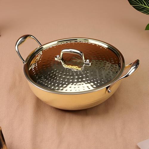NUTRION Brass Kadhai 3L with Lid and Insulated Heat-Resistant Handle | 100% Pure BrassTin Coated,Traditional Brass Kadai for Cooking | Non-Stick and Chemical-Free - Image 1