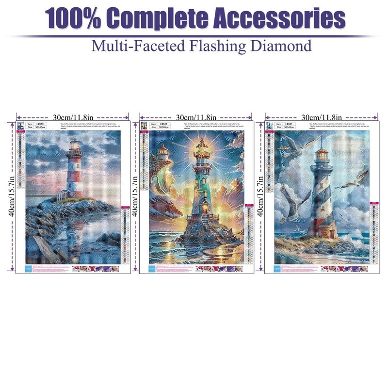 WUDWL Diamond Painting Kits for Adults - 3 Pack Lighthouse DIY 5D Diamond Art Kits Full Drill Diamond Dots Paintings with Diamonds Gem Art and Crafts Home Decor 12x16inch ï»¿ - Image 3
