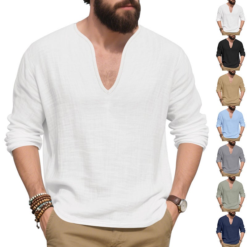 عبر الحدود الخريف الجديد الأكمام الطويلة الرجال تي شيرت فضفاضة الكتان العادي كبير الحجم الرجال V رقبة سترة أعلى للرجال - Image 1