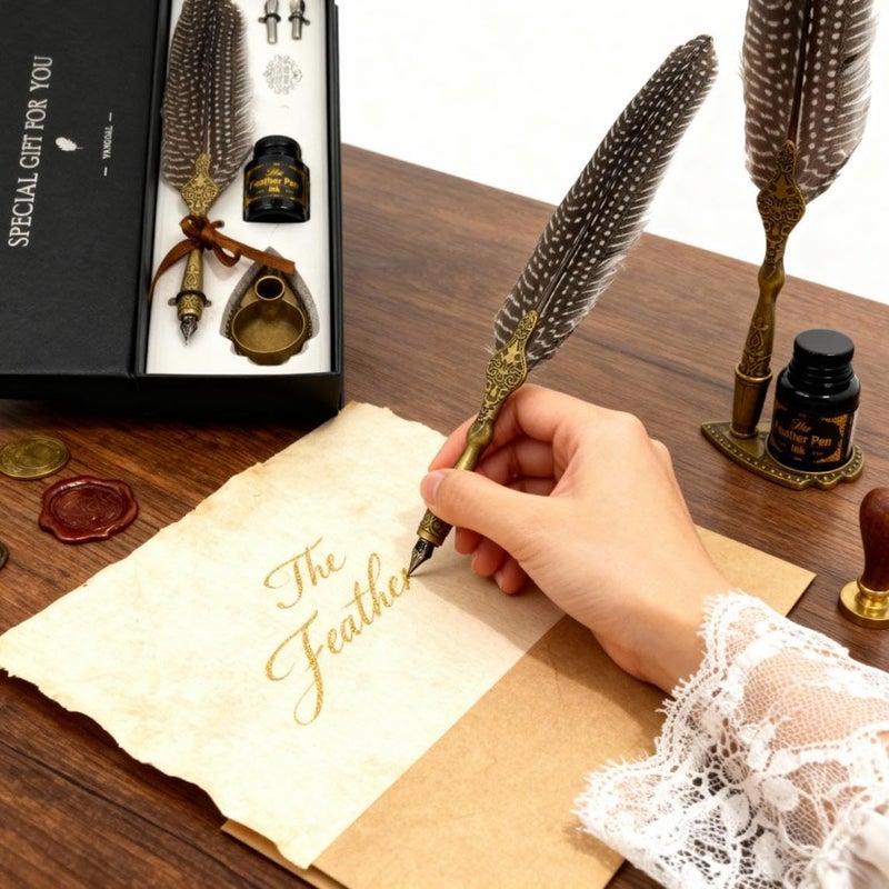 VANGOAL Vintage Feather Pen and Ink Set, Classic Series Pheasant Quill Pen with Carving Pen Stand, Calligraphy Pen Nibs, Black Dip Pen Ink, Antique Writing Gift for Writer - Image 3