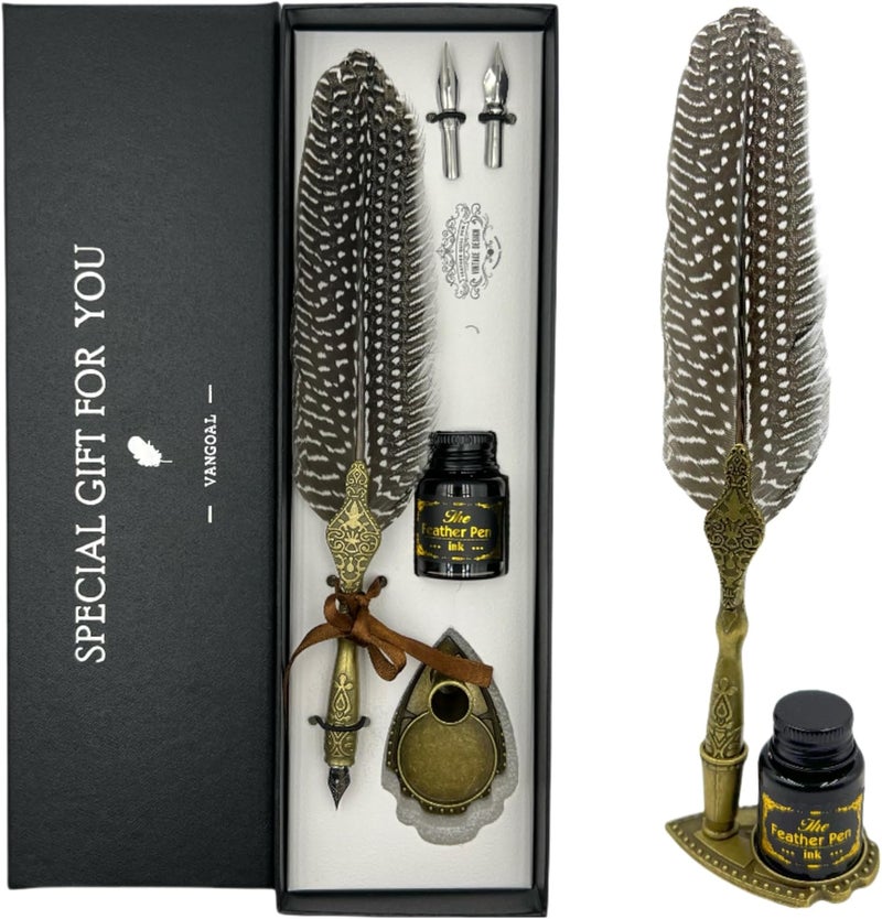 VANGOAL Vintage Feather Pen and Ink Set, Classic Series Pheasant Quill Pen with Carving Pen Stand, Calligraphy Pen Nibs, Black Dip Pen Ink, Antique Writing Gift for Writer - Image 1