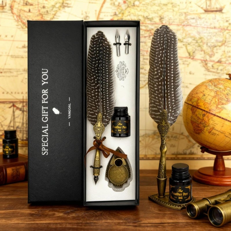 VANGOAL Vintage Feather Pen and Ink Set, Classic Series Pheasant Quill Pen with Carving Pen Stand, Calligraphy Pen Nibs, Black Dip Pen Ink, Antique Writing Gift for Writer - Image 4