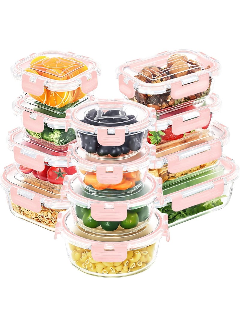 كيلا عبوة من 12 وعاءً زجاجيًا لتخزين الطعام مع أغطية، لتحضير الوجبات، حاويات تخزين طعام للمطبخ، مقاومة للتسرب، صناديق غداء زجاجية محكمة الإغلاق، مناسبة للميكروويف والفرن والفريزر، لون وردي - Image 1