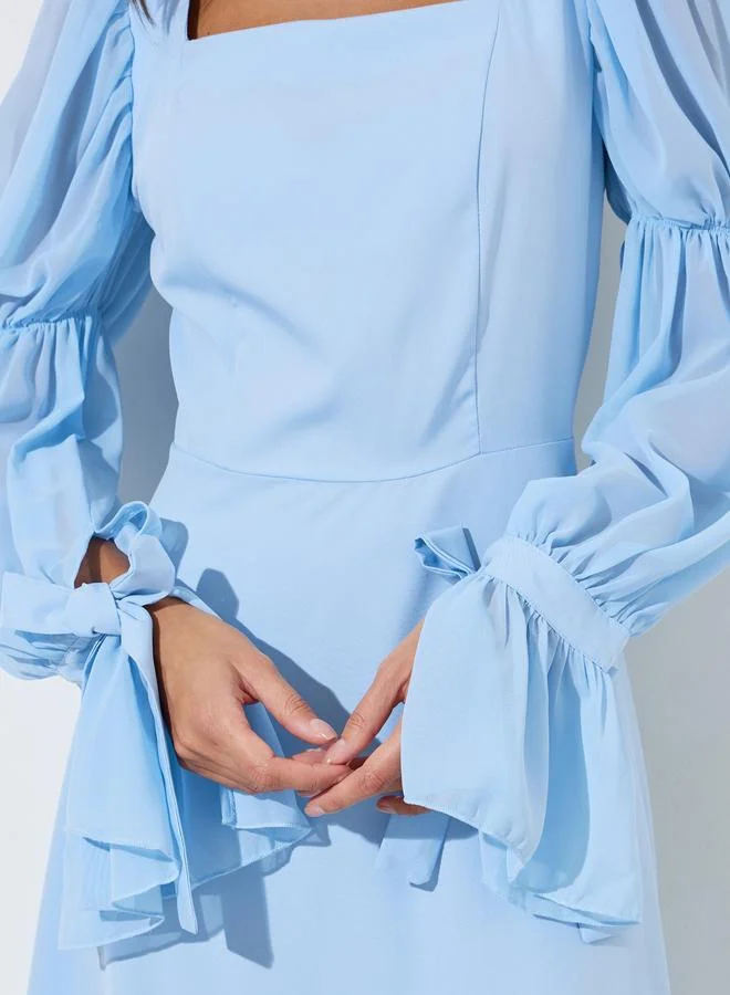 Styli  Blue Solid Square Neck Balloon Sleeves A-Line Maxi Dress for Women | Best Price UAE