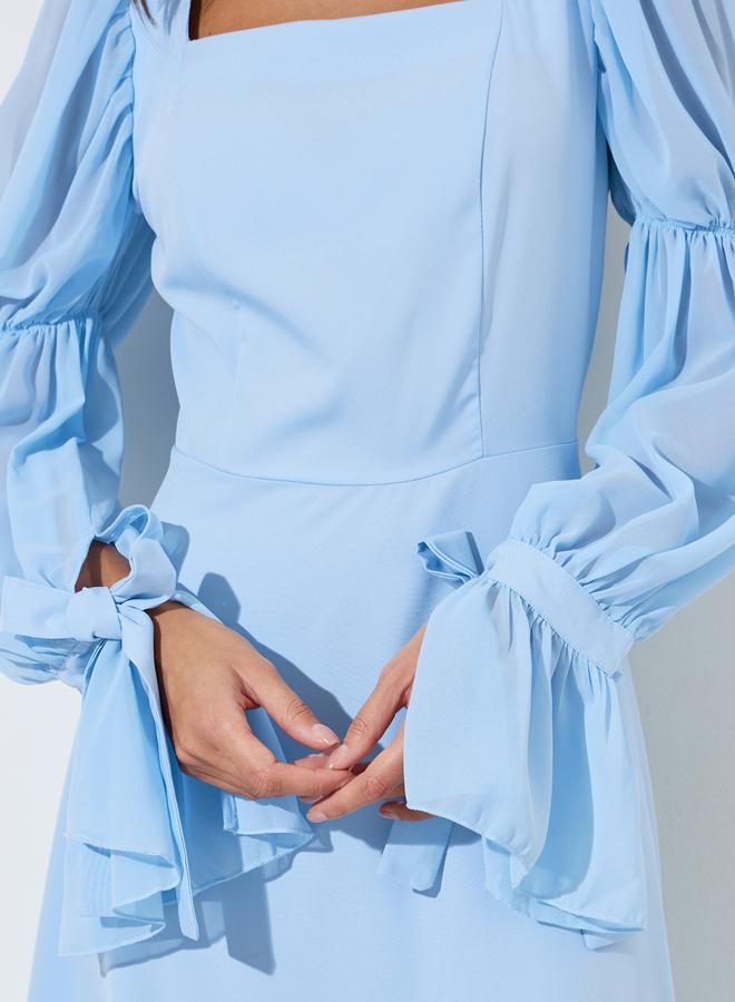Styli Blue Solid Square Neck Balloon Sleeves A-Line Maxi Dress - Image 4