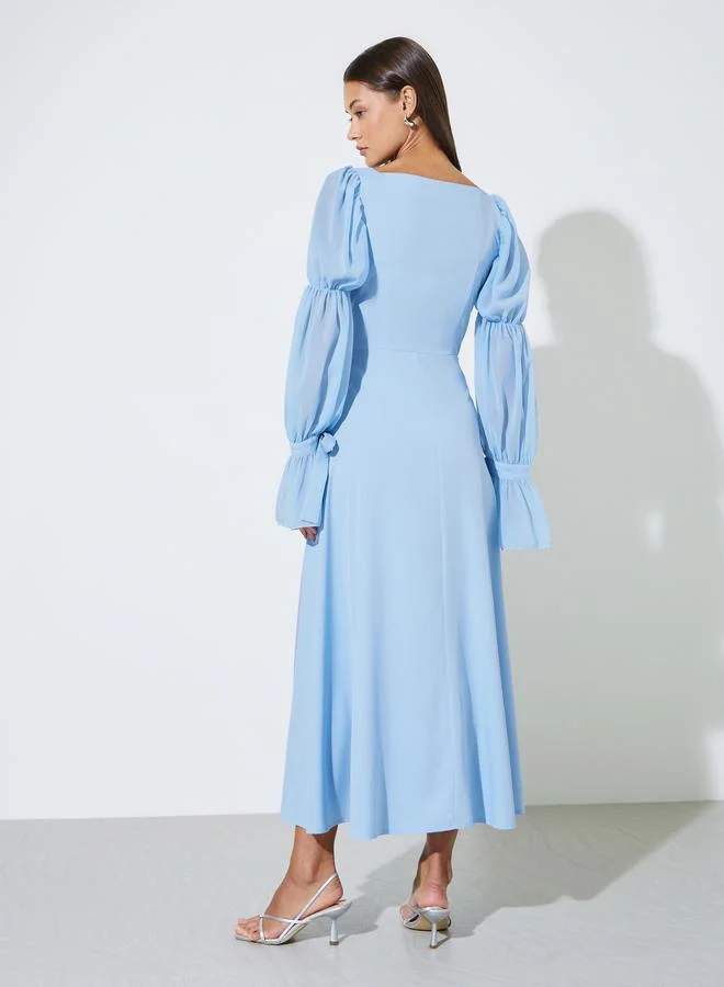 Styli  Blue Solid Square Neck Balloon Sleeves A-Line Maxi Dress for Women | Best Price UAE