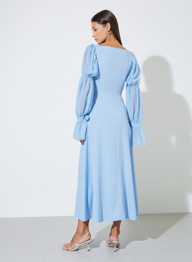 Styli Blue Solid Square Neck Balloon Sleeves A-Line Maxi Dress - Image 3