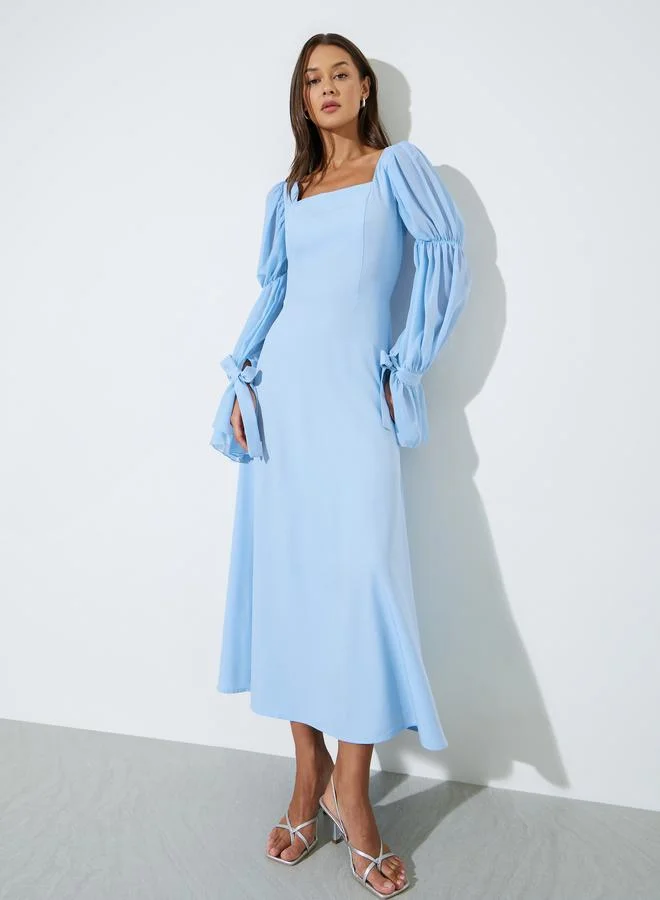 Blue Solid Square Neck Balloon Sleeves A-Line Maxi Dress