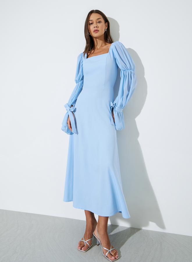 Styli Blue Solid Square Neck Balloon Sleeves A-Line Maxi Dress - Image 1