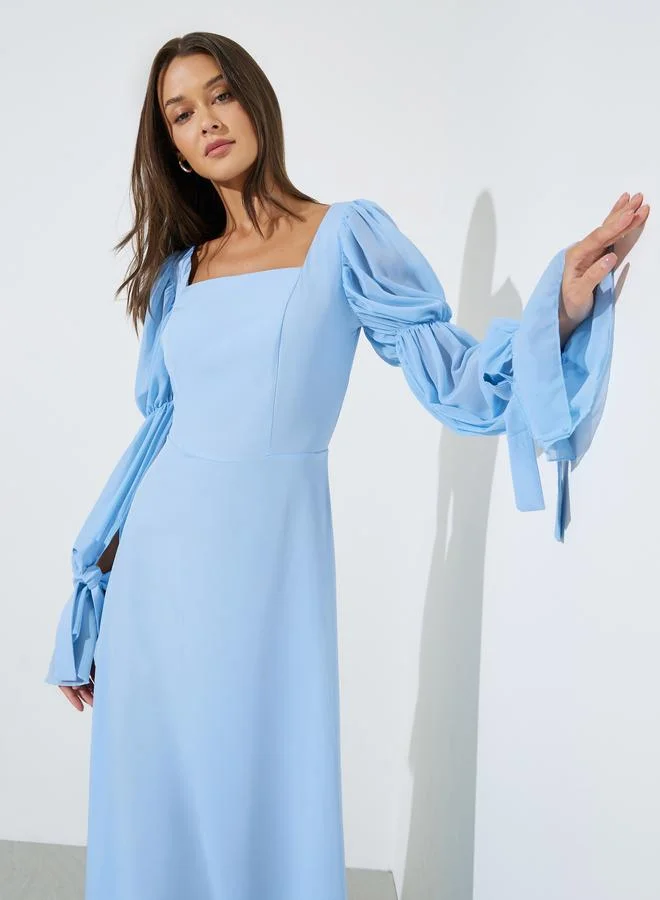 Styli  Blue Solid Square Neck Balloon Sleeves A-Line Maxi Dress for Women | Best Price UAE