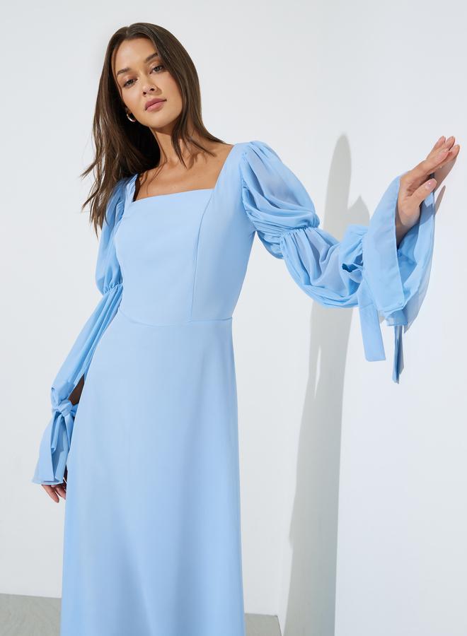 Styli Blue Solid Square Neck Balloon Sleeves A-Line Maxi Dress - Image 2