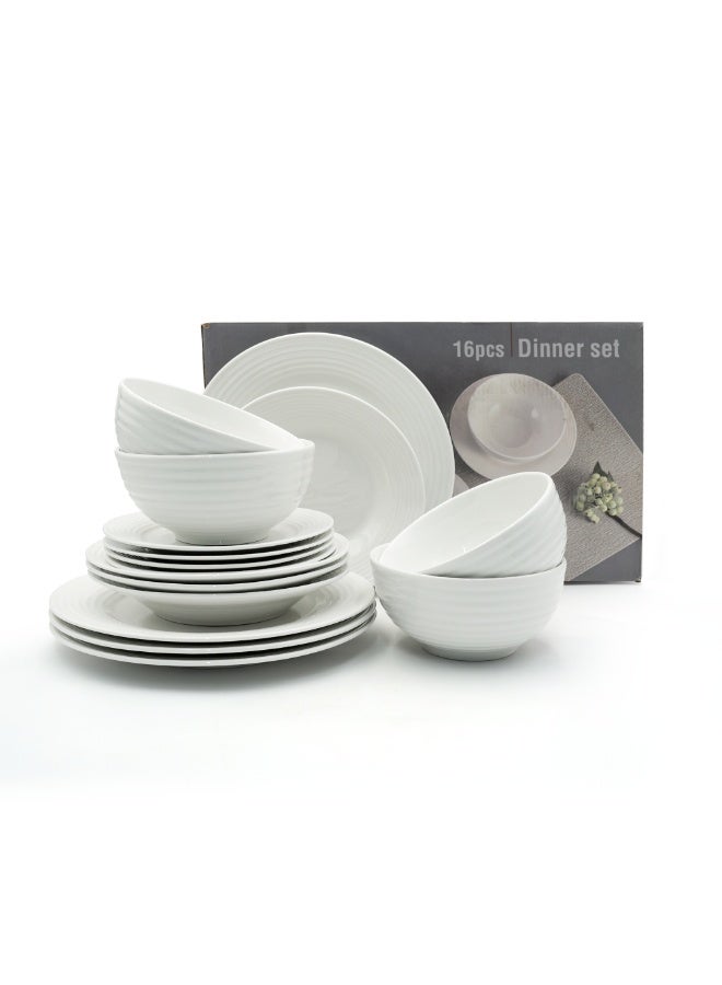 16Pc Ceramic Dinner Set Service Of 4 Includes Dinner&Dessert Plates Bowls Semi Bowl Plate Durable  White LightWeight Microwave Safe for Everyday Use Special Occassion Gifting - Image 1