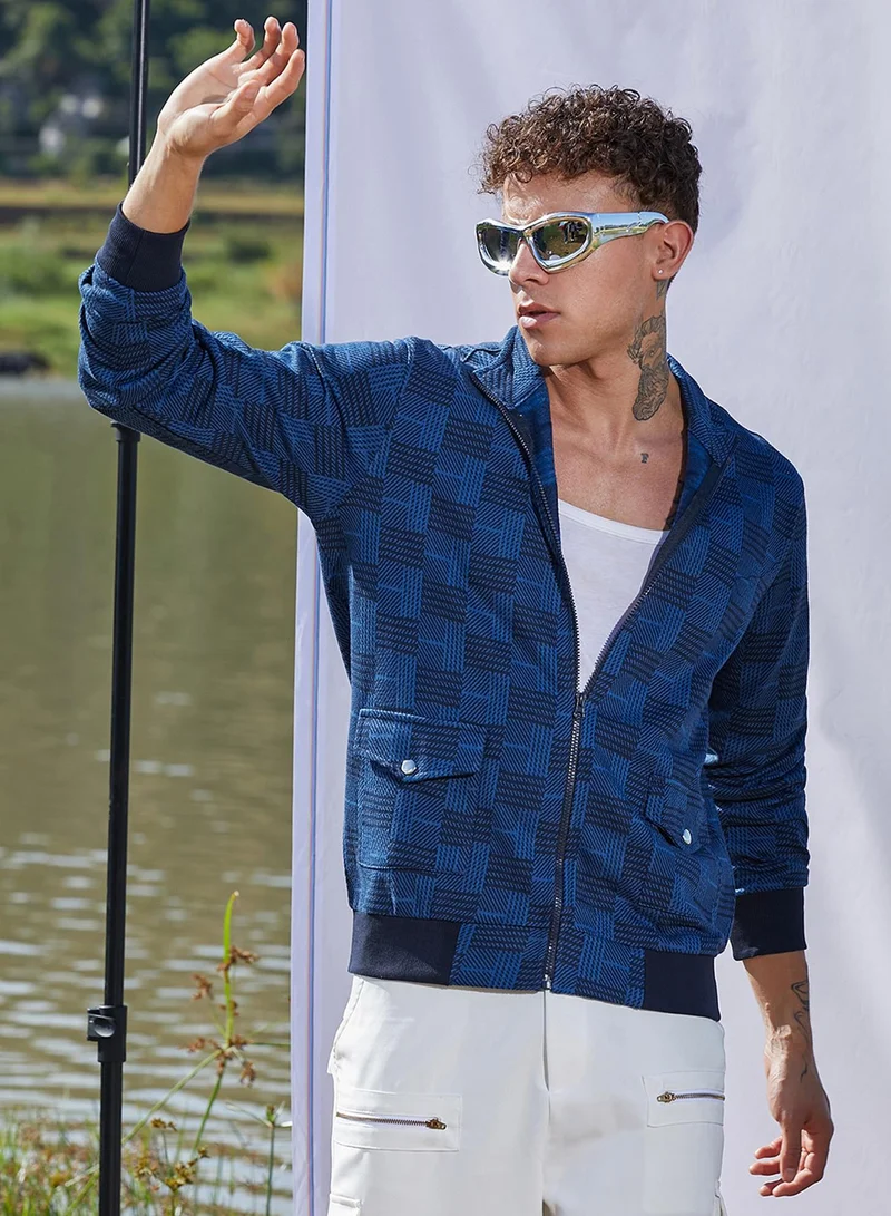 Men's Blue Textured Jacket With Flap Pocket For Casual Wear | High Neck | Long Sleeve | Zipper Closure | Cotton Jacket Crafted With Comfort Fit For Everyday Wear