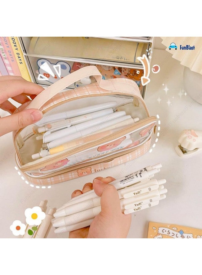 FunBlast Large Capacity Pencil Bag, 2 Compartment Transparent Pencil Pouch with Zipper Closure Portable Makeup Pouch, Aesthetic Pouch, Cute Stationery Bag for Students Girls Adults Office (Beige) - Image 5