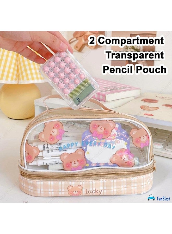 FunBlast Large Capacity Pencil Bag, 2 Compartment Transparent Pencil Pouch with Zipper Closure Portable Makeup Pouch, Aesthetic Pouch, Cute Stationery Bag for Students Girls Adults Office (Beige) - Image 4