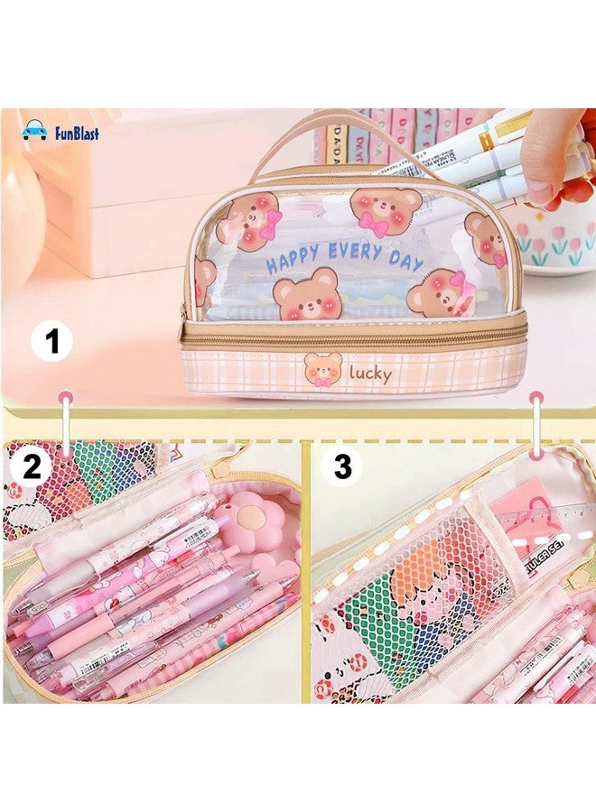 FunBlast Large Capacity Pencil Bag, 2 Compartment Transparent Pencil Pouch with Zipper Closure Portable Makeup Pouch, Aesthetic Pouch, Cute Stationery Bag for Students Girls Adults Office (Beige) - Image 2