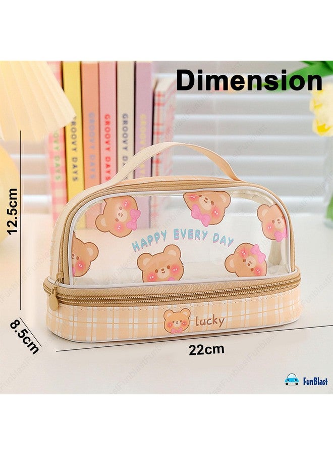 FunBlast Large Capacity Pencil Bag, 2 Compartment Transparent Pencil Pouch with Zipper Closure Portable Makeup Pouch, Aesthetic Pouch, Cute Stationery Bag for Students Girls Adults Office (Beige) - Image 3
