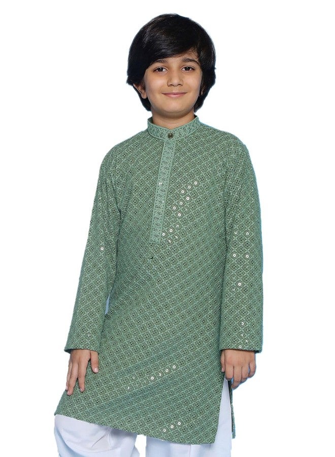 AJ DEZINES Kids Cotton Full Sleeve Sequined Pista Kurta for Boys - Ethnic wear | Special Occasion & Party Outfit | Chikankari Kurta for boys - Regular Fit - Image 1