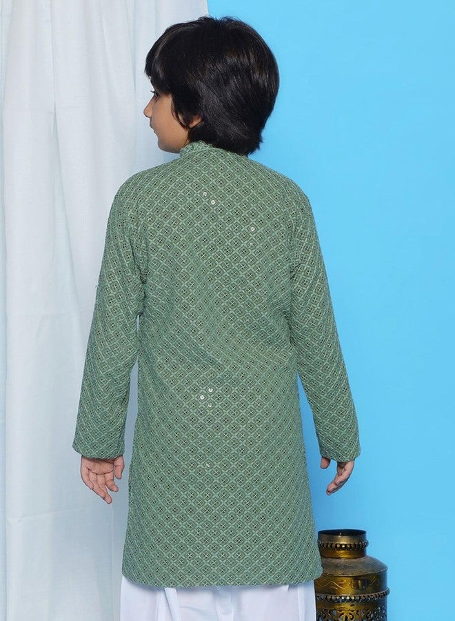 AJ DEZINES Kids Cotton Full Sleeve Sequined Pista Kurta for Boys - Ethnic wear | Special Occasion & Party Outfit | Chikankari Kurta for boys - Regular Fit - Image 3