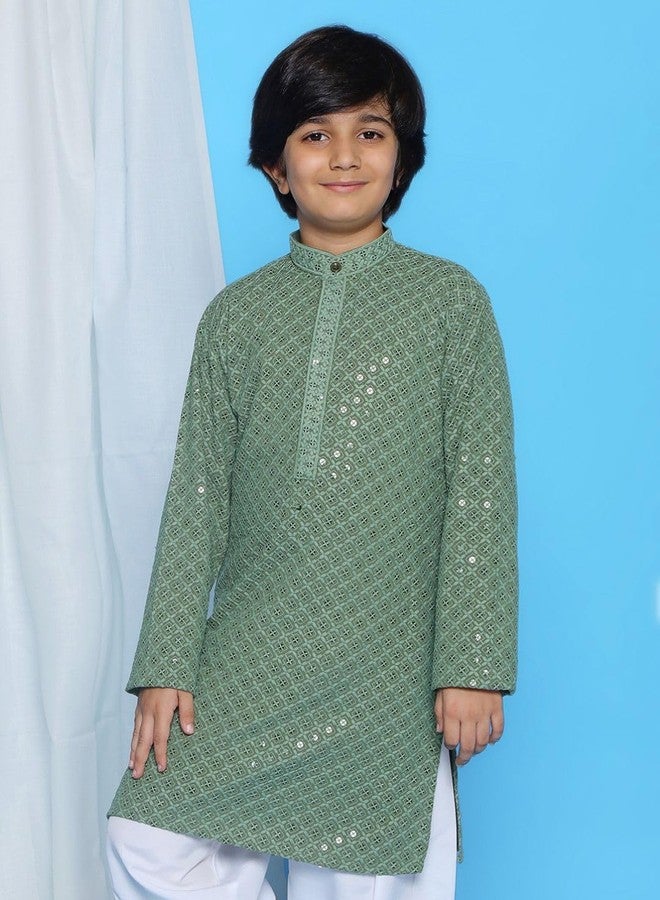 AJ DEZINES Kids Cotton Full Sleeve Sequined Pista Kurta for Boys - Ethnic wear | Special Occasion & Party Outfit | Chikankari Kurta for boys - Regular Fit - Image 2