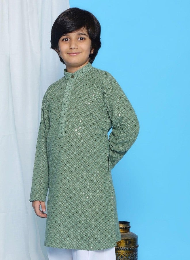 AJ DEZINES Kids Cotton Full Sleeve Sequined Pista Kurta for Boys - Ethnic wear | Special Occasion & Party Outfit | Chikankari Kurta for boys - Regular Fit - Image 5