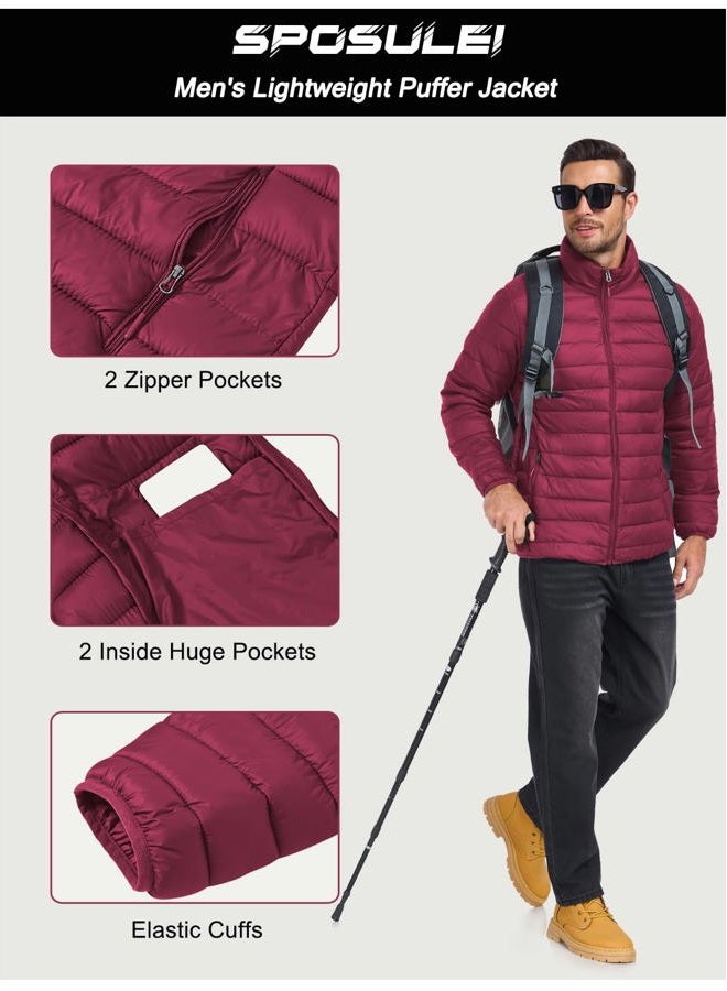 SPOSULEI Men Puffer Jacket Packable Lightweight Winter Jackets Coats Outdoor Waterproof Insulated Jackets, Claret, S - Image 5