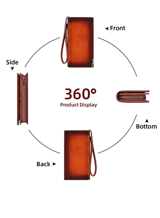 banyanu Men's Wallet, Men's Genuine Leather Cowhide Long Zipper Multi-Card Slot Large Capacity Wallet, Coffee Brown - Image 4