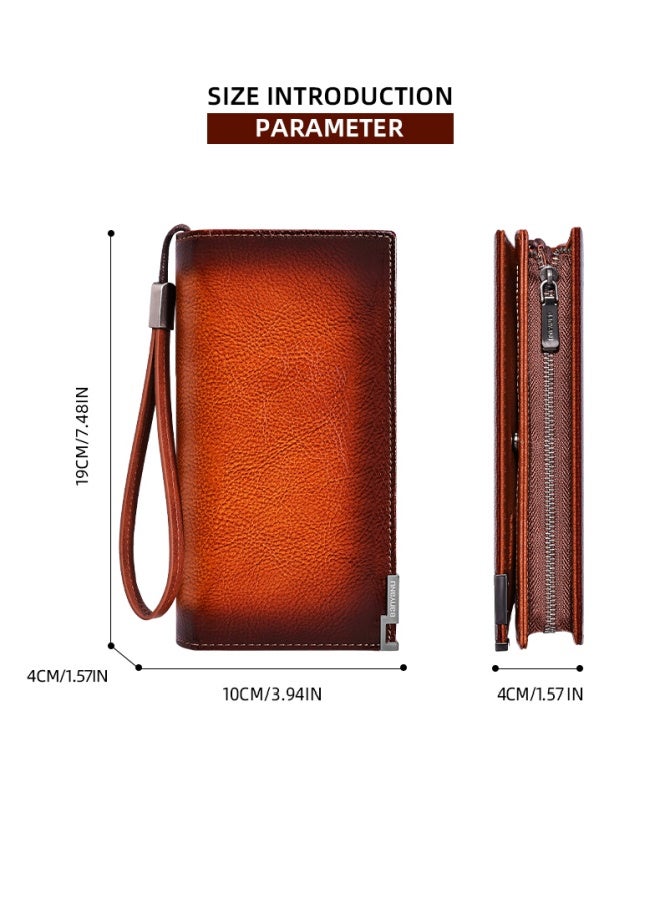 banyanu Men's Wallet, Men's Genuine Leather Cowhide Long Zipper Multi-Card Slot Large Capacity Wallet, Coffee Brown - Image 3
