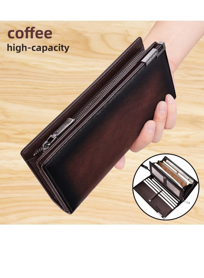 banyanu Men's Wallet, Men's Genuine Leather Cowhide Long Zipper Multi-Card Slot Large Capacity Wallet, Coffee Brown - Image 1