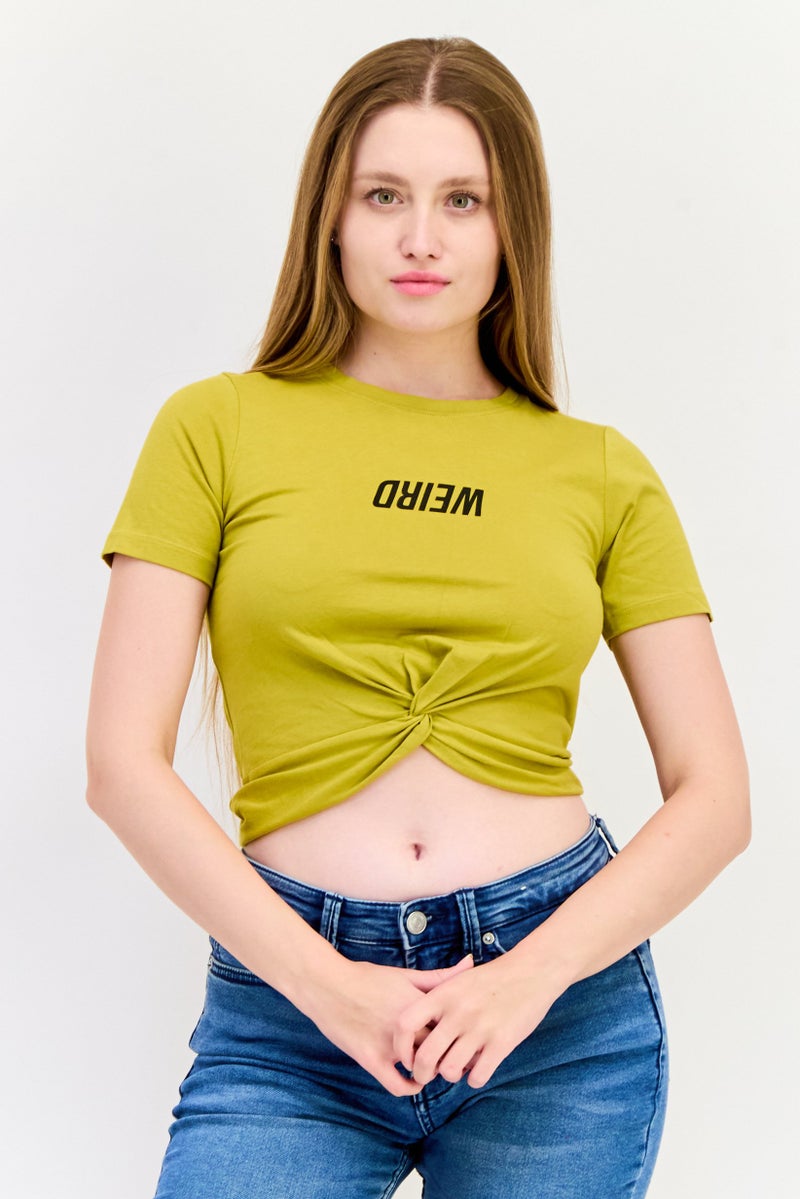 ONLY Women Crew Neck Short Sleeves Graphic Print T-Shirt, Mustard - Image 1
