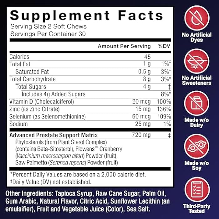 Force Factor Prostate Health Supplement with Saw Palmetto & Beta-Sitosterol, Support Urinary Flow & Bladder Function, Reduce Urgency & Nighttime Bathroom Trips, Vegetarian, Fruit Punch, 60 Soft Chews - Image 5