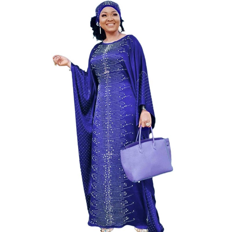 HD African Dress for Women Beading Rhinestone Kaftan Maxi Dress Royal Blue One Size Fit All